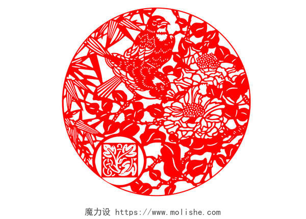 白底中国传统剪纸艺术非物质文化遗产红色花鸟剪纸